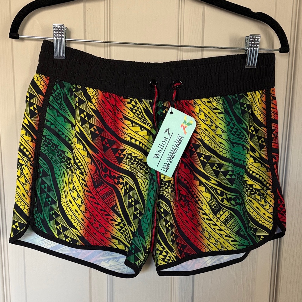 Women's Red, Yellow, and Green Patterned Shorts